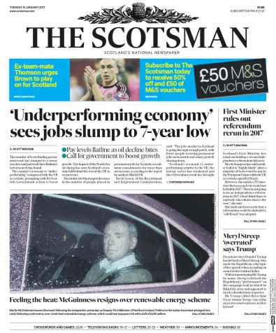 The Scotsman Newspaper Front Page for 10 January 2017