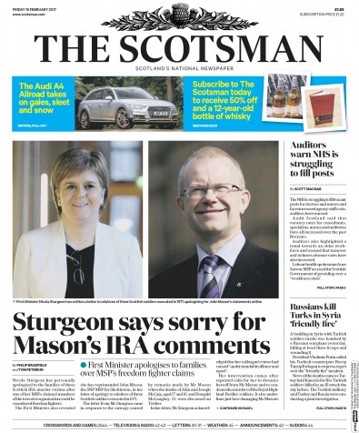 The Scotsman Newspaper Front Page for 10 February 2017