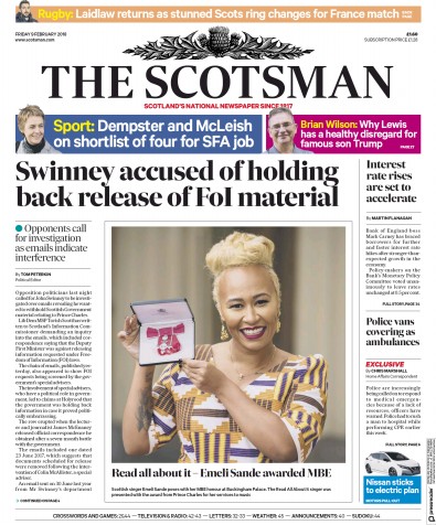 The Scotsman Newspaper Front Page for 10 February 2018
