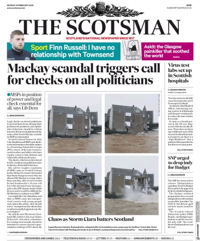 The Scotsman Newspaper Front Page for 10 February 2020