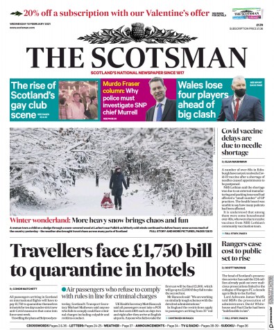 The Scotsman Newspaper Front Page for 10 February 2021