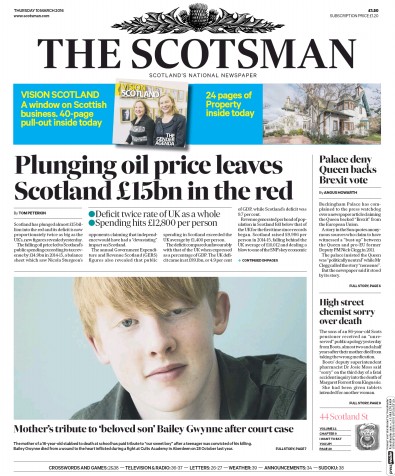 The Scotsman Newspaper Front Page for 10 March 2016