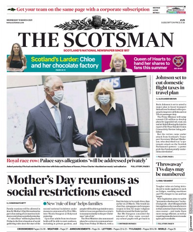The Scotsman (UK) Newspaper Front Page for 10 March 2021