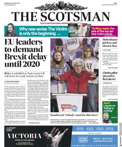 The Scotsman Newspaper Front Page for 10 April 2019