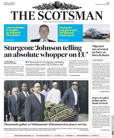 The Scotsman Newspaper Front Page for 10 June 2016