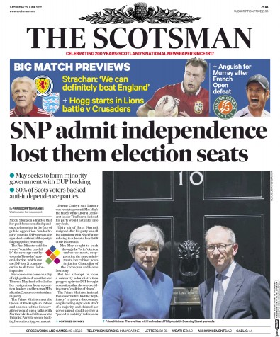 The Scotsman Newspaper Front Page for 10 June 2017