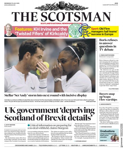 The Scotsman (UK) Newspaper Front Page for 10 July 2019