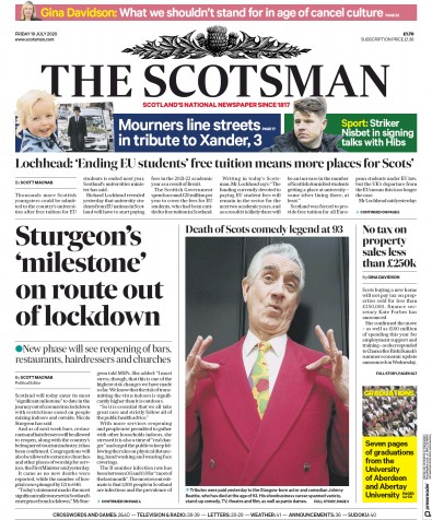 The Scotsman (UK) Newspaper Front Page for 10 July 2020
