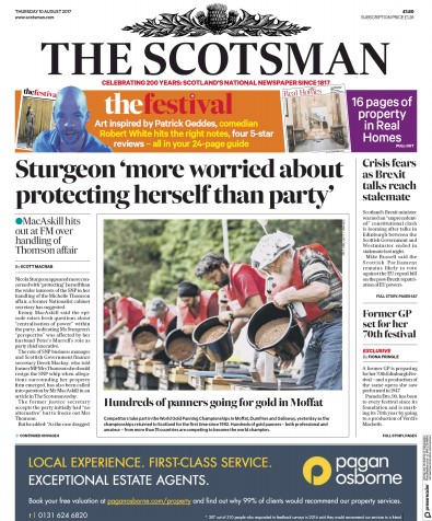 The Scotsman Newspaper Front Page for 10 August 2017