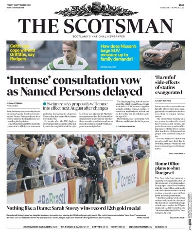 The Scotsman Newspaper Front Page for 10 September 2016