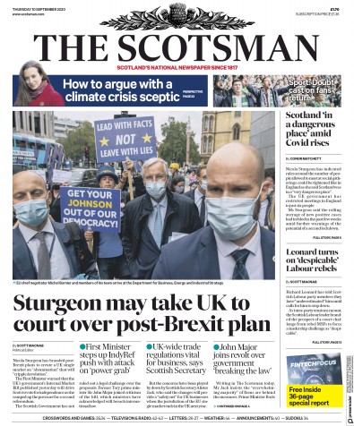The Scotsman (UK) Newspaper Front Page for 10 September 2020