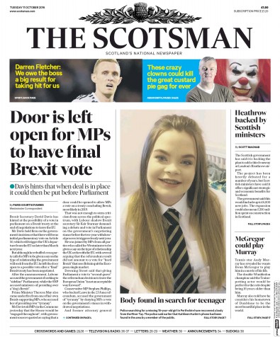 The Scotsman Newspaper Front Page for 11 October 2016