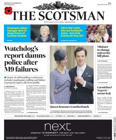 The Scotsman (UK) Newspaper Front Page for 11 November 2015