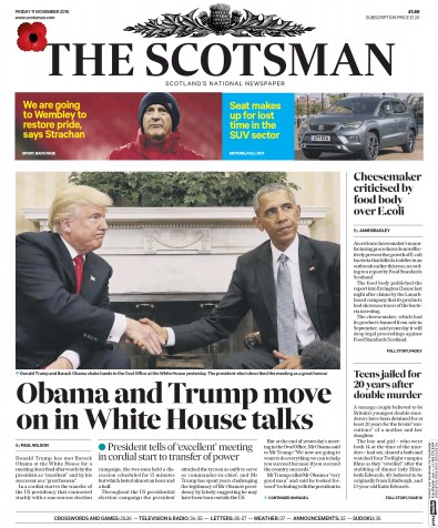 The Scotsman Newspaper Front Page for 11 November 2016