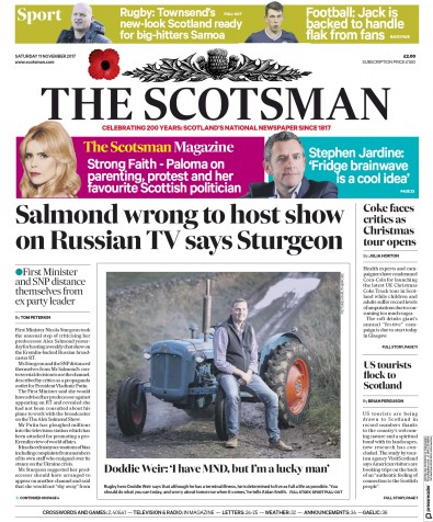 The Scotsman Newspaper Front Page for 11 November 2017