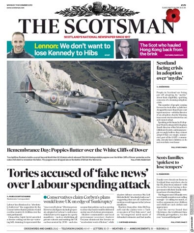 The Scotsman Newspaper Front Page for 11 November 2019