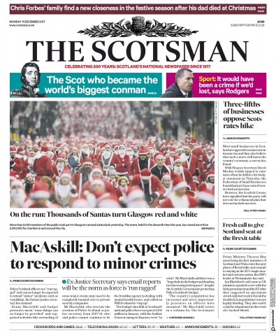 The Scotsman Newspaper Front Page for 11 December 2017