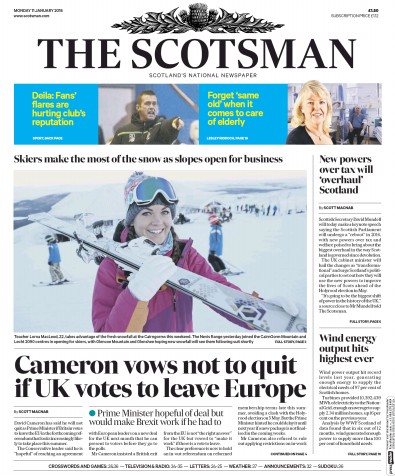 The Scotsman Newspaper Front Page for 11 January 2016