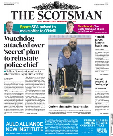 The Scotsman Newspaper Front Page for 11 January 2018