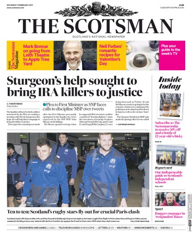 The Scotsman Newspaper Front Page for 11 February 2017