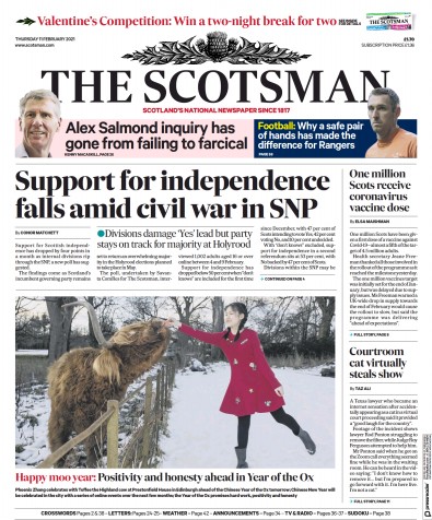 The Scotsman Newspaper Front Page for 11 February 2021