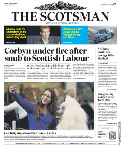 The Scotsman Newspaper Front Page for 11 March 2016