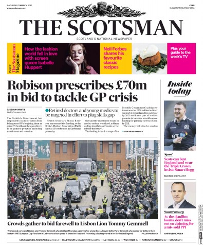 The Scotsman Newspaper Front Page for 11 March 2017