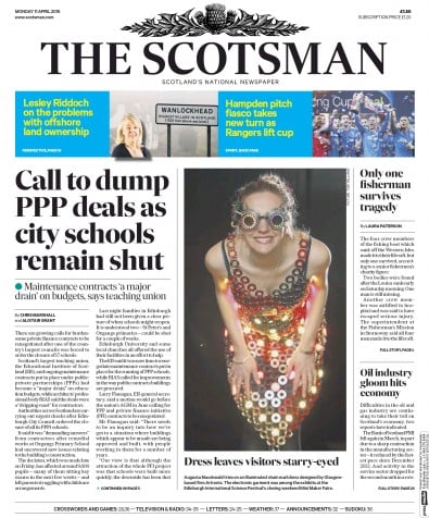 The Scotsman Newspaper Front Page for 11 April 2016