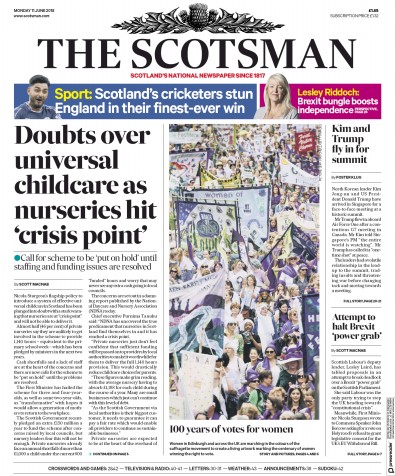 The Scotsman Newspaper Front Page for 11 June 2018