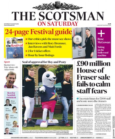The Scotsman Newspaper Front Page for 11 August 2018