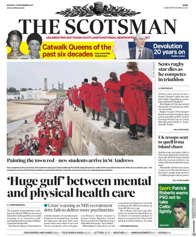 The Scotsman Newspaper Front Page for 11 September 2017
