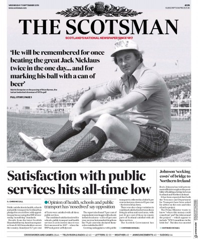 The Scotsman Newspaper Front Page for 11 September 2019