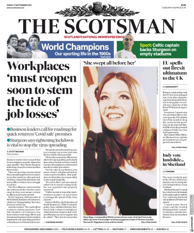 The Scotsman (UK) Newspaper Front Page for 11 September 2020