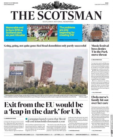 The Scotsman Newspaper Front Page for 12 October 2015