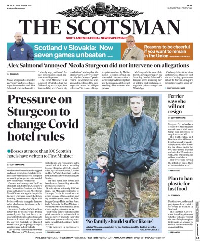 The Scotsman Newspaper Front Page for 12 October 2020