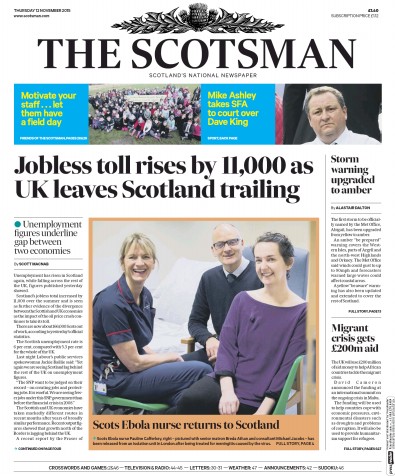 The Scotsman Newspaper Front Page for 12 November 2015