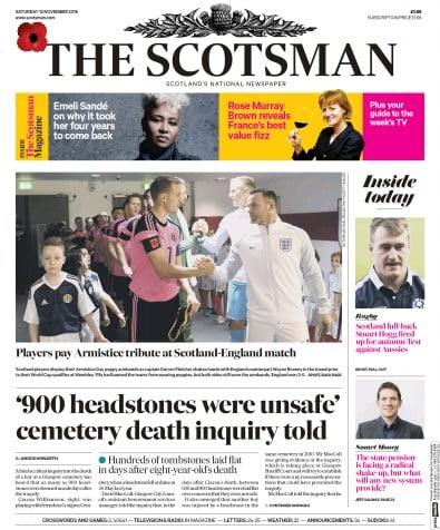 The Scotsman Newspaper Front Page for 12 November 2016