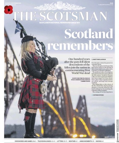 The Scotsman Newspaper Front Page for 12 November 2018