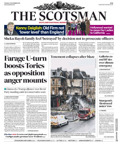 The Scotsman Newspaper Front Page for 12 November 2019