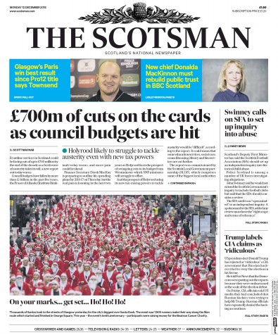 The Scotsman Newspaper Front Page for 12 December 2016