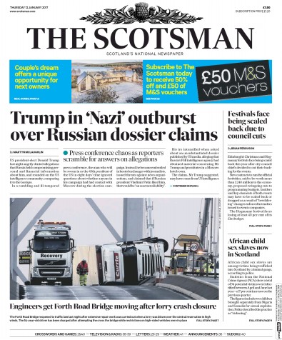 The Scotsman Newspaper Front Page for 12 January 2017