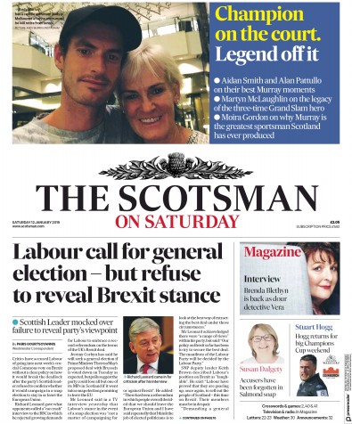 The Scotsman Newspaper Front Page for 12 January 2019