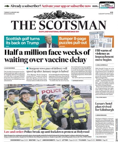 The Scotsman (UK) Newspaper Front Page for 12 January 2021