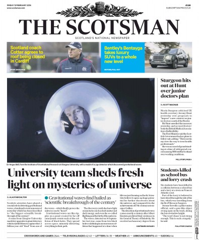 The Scotsman Newspaper Front Page for 12 February 2016