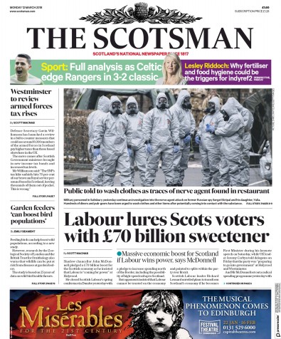 The Scotsman Newspaper Front Page for 12 March 2018