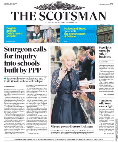 The Scotsman Newspaper Front Page for 12 April 2016