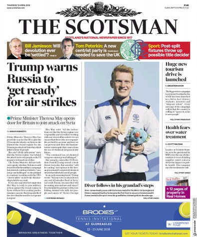 The Scotsman Newspaper Front Page for 12 April 2018