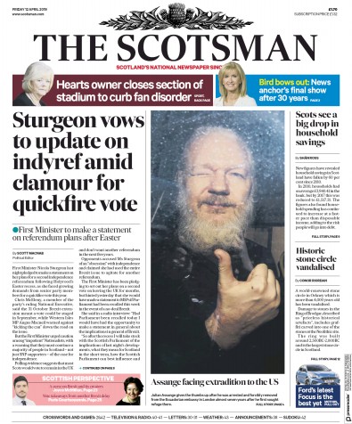 The Scotsman Newspaper Front Page for 12 April 2019