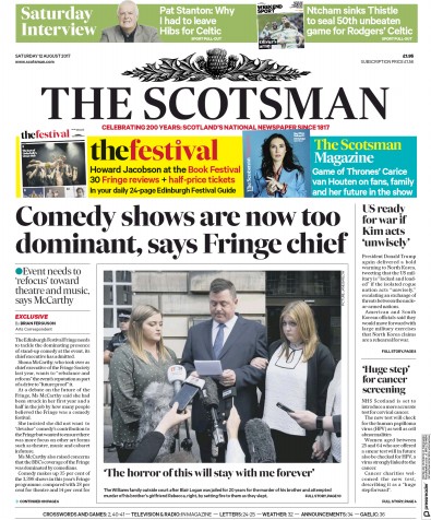 The Scotsman Newspaper Front Page for 12 August 2017