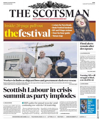 The Scotsman Newspaper Front Page for 12 August 2019